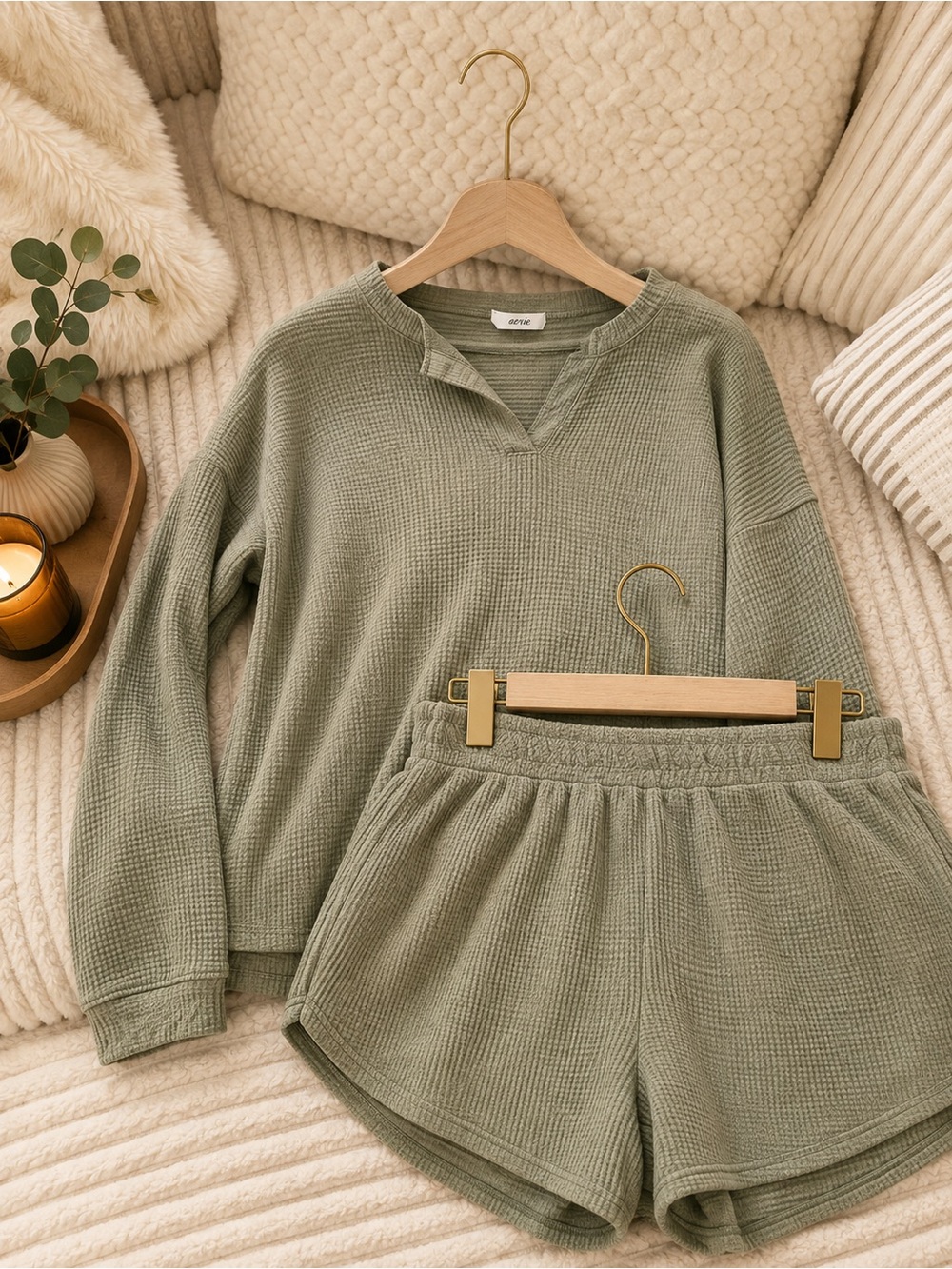 Waffle Knit Lounge Set - Sage